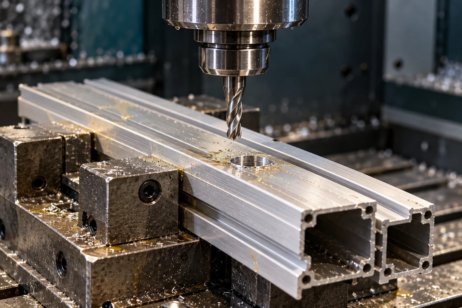 Original illustrative machining setup with silver extrusion sections