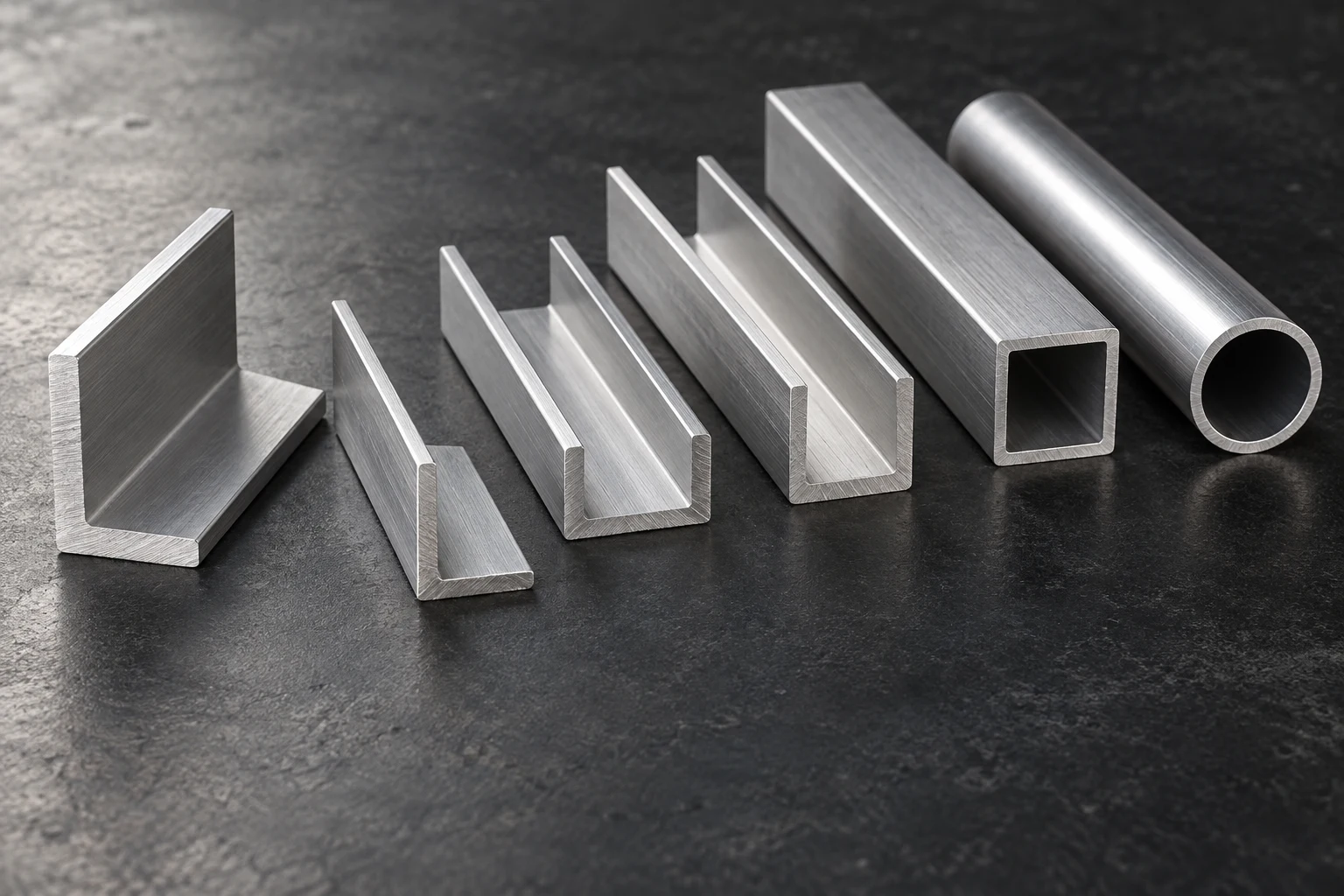 Illustrative aluminum sections; no alloy properties can be determined from the photograph